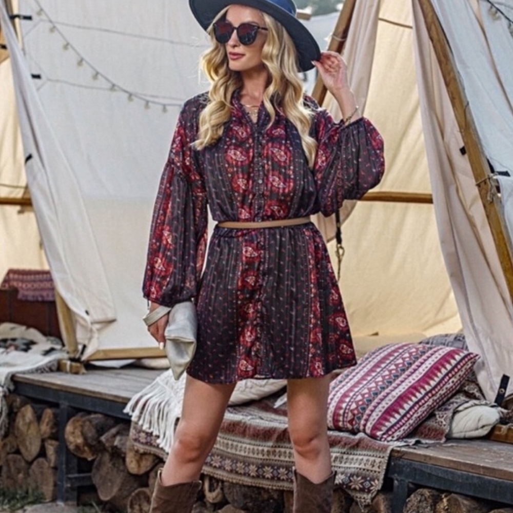 Zara Long Sleeve Floral Dress in Red and Black